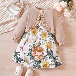 Clothing Sets Toddler Girls Long Sleeve Solid Colour Ribbed Knitwear Coat Floral Prints Dress Two Piece Kid Outfit Clothes Set Size 6