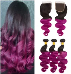 Virgin Brazilian 1Bpurple Ombre Human Hair Weave Bunds med stängning Purple Ombre Human Hair 3 Buntle Deals med spetsstängning 42605716