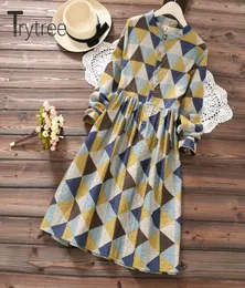 Повседневные платья Trytree 2022, осеннее женское платье с одним вырезом, красочная рубашка с геометрическим рисунком, длиной до колена, на пуговицах, офисные женские туфли, свободные9689510
