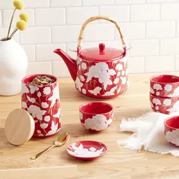 Vasilha de chá floral de cerâmica vermelha e branca e bambu
