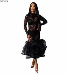 2020 Women Spring Winter Dress Lace Hollow Out Ruffles High Waist Dress Sexy Night Party Bandage Bodycon Midi Dresses GL95759451495