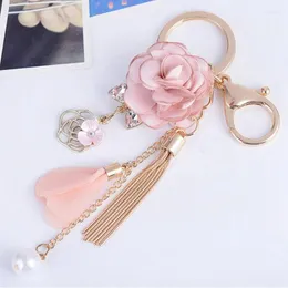 Keychains Rose Flowers Keychain Crystal Key Chain Pearl Tassel Ring Women Bag Car Pendant Jewelry Gifts