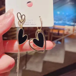Dangle Earrings Korean Style Asymmetric Black Heart For Women Gold Color Metal Hollow Layered Love Tassel Drop Elegant