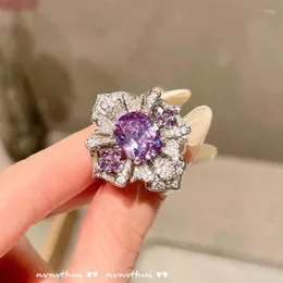 Cluster Rings Personality Elegant Violet Amethyst Engagement Ring Women Luxury White Gold Plated Resizable Vintage Wedding Party Jewelry