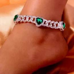 Strass Knöchel Grüne Liebe Fußkettchen Großhandel für Frauen Männer Armband Hip Hop Herz Cuban Link Super Dick Bling Fußkettchen Schmuck 240227