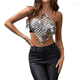 Damen Tanktops Damen Metallic Silber Pailletten Neckholder BHs Musik Festival Nachtclub Rückenfrei Körperkette Schmuck Camisole Crop Top