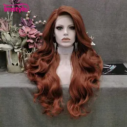 Imstyle peruca vermelha de cobre longo ondulado perucas dianteiras de renda sintética para mulheres fibra resistente ao calor natural preto branco perucas de renda 240226