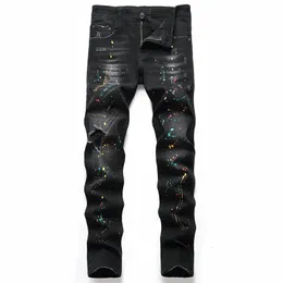 Black Trousers Regular Fit Hole Large Size Personality Trendy Pants European And American Jeans Denim Mens Elastic 240227