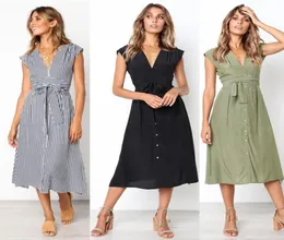 Sommarklänning Kvinnor ärmlösa Casual Stripe Dresses V Neck Bangage Midi Kvinnlig knälängd Vintage Sundress för Lady1396898