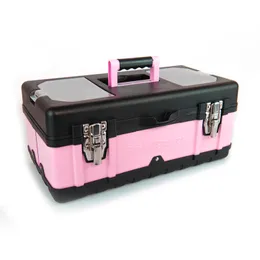 여성용 핑크 파워 핑크색 도구 상자 -18 "소형 금속 플라스틱 휴대용 가벼운 핑크 잠금 빈 공구 상자 도구 가슴 공예 도구 케이스