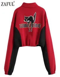 Modaharajuku fermuarlı mektup kedi nakış kırpılmış sweatshirt aşağı kollu çekiliş hoodies kazak sweatshirt Top6654803