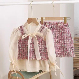 Conjuntos de roupas da primavera Autumn Girls 2 Pcs Definir saia de colete de colheita para crianças ternos infantis roupas de marca moda gunny pérola borla para 7 anos
