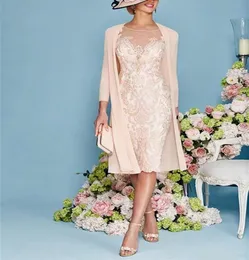 2 Pieces Pink Mother Of Bride Dresses Lace Chiffon Jewel 34 Sleeve Knee Length Mother Dress Capped for Weddings9891203