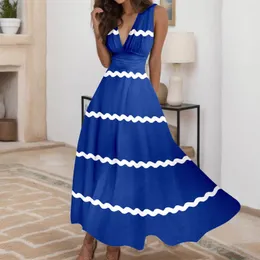 Casual Dresses Female Simple Ripple Printed Solid Color A-line Dress Summer 2024 U Neck Sleeveless Party Elegant Long Skirts