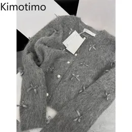 Kimotimo Grey Bow Sweater Autumn Zima Kobiety Temperament Wysokiej jakości miękki klei z dzianiny pachnący płaszcz kardigan 240219