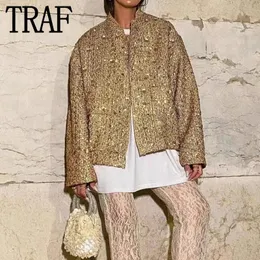 Traf Sequin Oversize Jacket Woman Croped Tweed Jacket för kvinnor Luxury Gold Long Sleeve Bomber Jackets Old Money Autumn Jacket 240301