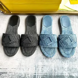 Signature Blue denim slides 8R8092 designer sandals womens sandal Flat Sandals Vacation beach sandals Wide band slides Made worn look blue denim with quilted motif