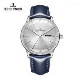 Relógios de pulso 2021 Reef Tiger RT Vestido Relógios para Homens Azul Banda De Couro Convexa Lente Branco Dial Automático RGA82381271U