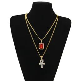 Gioielli Hip Hop Collane con pendente egiziano di grandi dimensioni Ankh Key Set Mini Square Ruby Sapphire con ciondolo a forma di croce collegamento cubano per uomo Fash257K