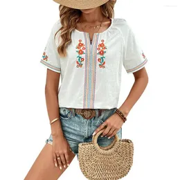 Women's Blouses Women Summer Tops Embroidered Flower Pattern V-neck Casual Breathable Loose Fit Short Sleeve Tee Shirt For A