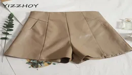 Women039s shorts yizzhoy outono inverno moda feminina fino zíper em linha reta perna larga senhora do escritório cintura alta cor sólida pu leathe7558753