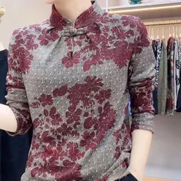 Blusas femininas vintage floral impresso camisa primavera outono folk elegante chinês disco fivela roupas soltas gola blusa