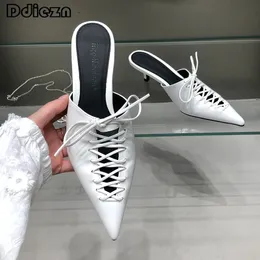 Elegant Women 98 Pumps Fashion Female Shoes Thin High Heels in Black Ladies Sandals Slides Cross-tied Footwear Slippers 240223 b