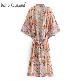 Boho Queens 여성 공작 피크 프린트 배트 슬리브 비치 보헤미안 Kimono Robe Ladies v Neck Tassel Summer Bikini Cover-Ups 240219