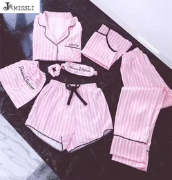 Jrmissli feminino 7 peças rosa pijamas conjuntos de seda cetim lingerie sexy casa wear pijamas conjunto pijama mulher y2010125896104