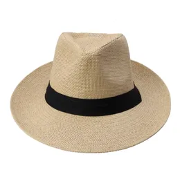 Moda Summer Casual Unisex Beach Trilby Large Brim Jazz Sun Hat Panama Paper Słomka Kobiet Mężczyźni Cap z czarną wstążką 240219