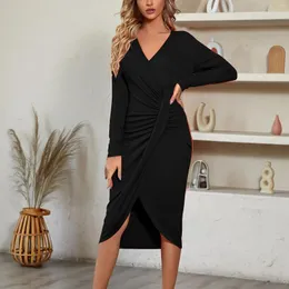 Casual Dresses Sexy Womens Autumn Winter Dress Solid Color V Neck Cross Waist Long Sleeve Elegant Party For Women 2024