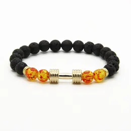 أساور الرجال كاملة التصميمات الجديدة المعدنية الجديدة Barbell 8mm Amber Beads Lava Rock Stone Faction Bracelets 270y