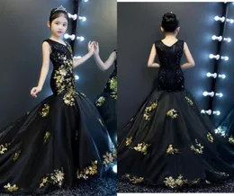 Altın ve Siyah Denizkızı Kızlar Pageant Elbiseleri 2022 Vneck v Arka Tulle Toddler Parti Elbise Özel Fırsatlar Çocuklar F7537870