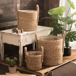 Kits Natural Wicker Planter Basket Flower Pot Home Garden Decor Tvätten Tvätt Hink Dirty Clothes Storage Baskets Toy Holders Fu
