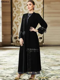 ملابس عرقية Siskakakia Dubai Fashion Diamonds عارضة أسود مفتوح Kimono Abaya Borka للنساء بنغلاديش Kaftan مسلم رمضان العيد