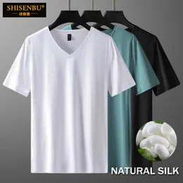 Silk och bomull Kort ärm t-skjorta män sommar fast färg v-ringning stickad t-shirt underskjorta smala passformiga tee tops vit 240223