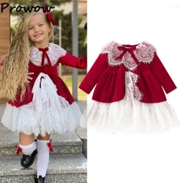 Dziewczyna sukienki Prowow 1-7y Dzieci Winter Red Velvet Dress Lace Patchwork Party Eleganckie na kostiumy świąteczne