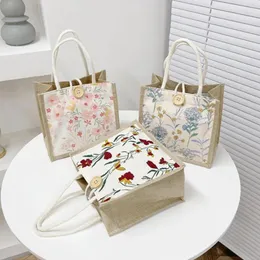 Shopping Bags Linen Tote Bag Storage Lunch Pouch Handbag Bento Button Clasp Cute Flower Printing Picnic Food