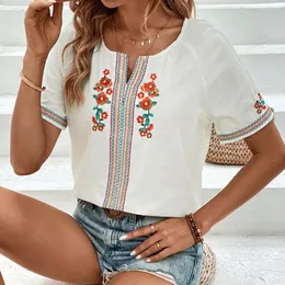 Women's Blouses Embroidered Tops Flower Pattern V-neck Summer Casual Breathable Loose Short Sleeve
