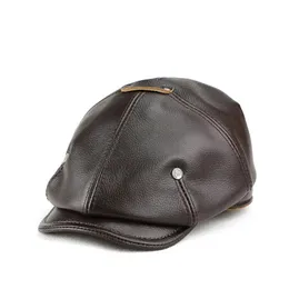 Autumn Winter Real Full Grain Cow Leather Octagonal Basker Cap For Men Retro Fashion British Style Sboy Hat Artist Visor 240229