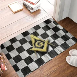 Carpets Freemason Gold Square Compass Non-slip Doormat Bath Mat Checkers Floor Carpet Welcome Rug Bedroom Decor
