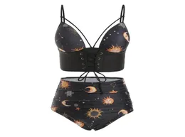 Costume da bagno con allacciatura frontale per donna Vita alta con lacci increspato Sun Star e Moon Tankini Set costume da bagno imbottito con spalline8194599