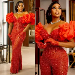 African Aso Ebi Plus Size Prom Dresses One-Piece Jumpsuits Off Shoulder Sequined Lace Evening Formal Gowns for Nigeria Black Women Birthday Gowns AM455