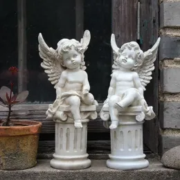 Sculptures 2 Pcs Cherub Angels Roman Pillar Garden Statue Greek Column Angel Figurine Sculpture Outdoor Home Decoration Antique Resin