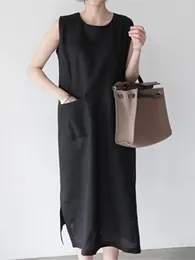 Casual Dresses Summer Dress For Women In Korean Fashion LOOSE O-Neck Solid Elegant Long Streetwear Vintage Sleeveless Robe