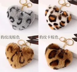 Faux Rabbit Fur Ball Key Chain Pompom Leopard Plush Heart Keychain Pom Pom Round Ball Trinket Car Bag Key Ring