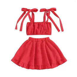 Clothing Sets Kid Baby Girl Summer Outfit Embroidery Tie-Up Shoulder Straps Tank Tops Elastic Waist Skirts Cute 2Pcs Clothes Set