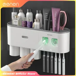Suprimentos mengni adsorção invertida escova de dentes titular parede automático creme dental espremedor rack armazenamento acessórios do banheiro