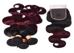 Fasci di capelli brasiliani color ombre con chiusura Body Wave 44 chiusura in pizzo con 3 pacchi 1B99j2353105