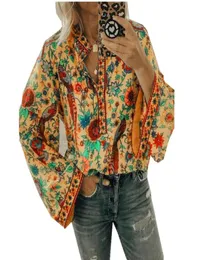 Mulheres elegantes boho lanterna camisa de manga longa solta decote em v camisas florais topos senhoras hippie túnica blusa camisa outono casual tops1602622